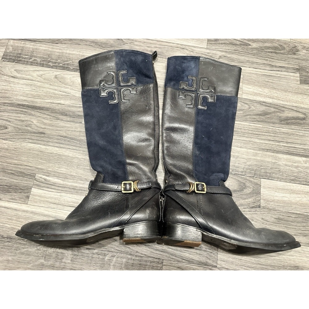 Tory‎ Burch Lizzie Leather-Suede Riding Boots Navy Black 7.5
